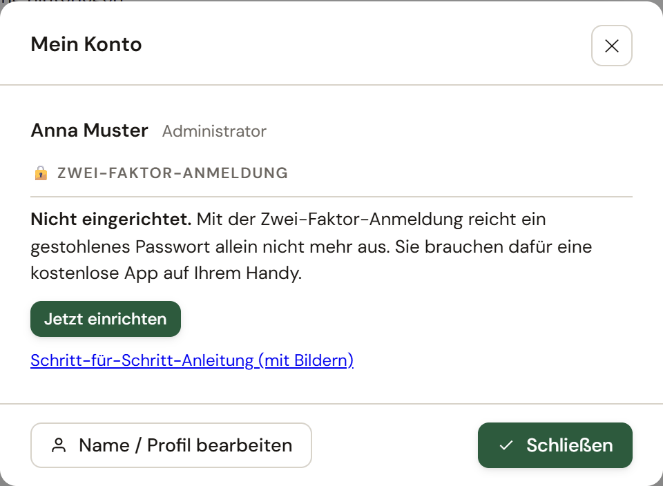 Fenster Mein Konto mit dem Knopf Jetzt einrichten