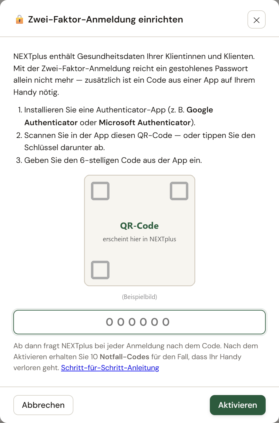 Fenster Zwei-Faktor-Anmeldung einrichten mit QR-Code (Beispielbild)