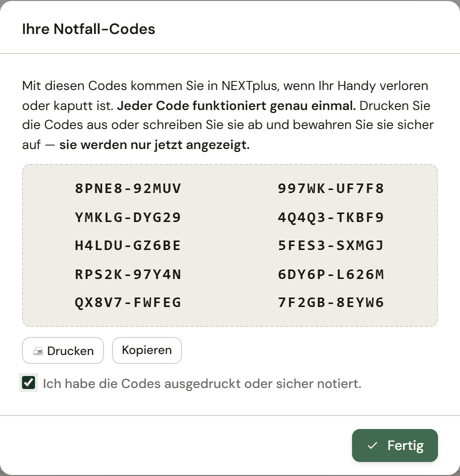 Fenster Ihre Notfall-Codes mit zehn Codes, Drucken, Kopieren und Fertig