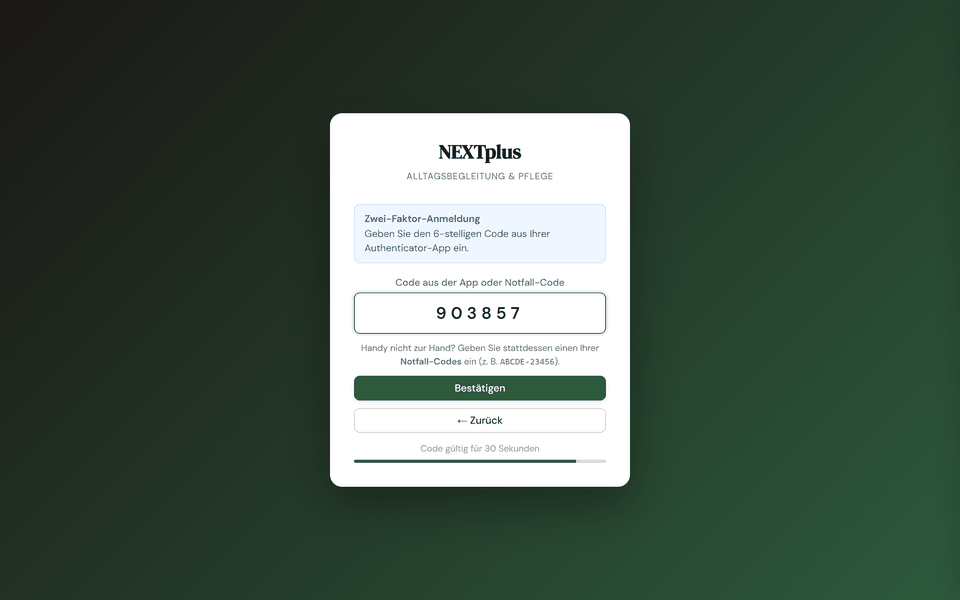 Anmeldung: Feld für den Code aus der App