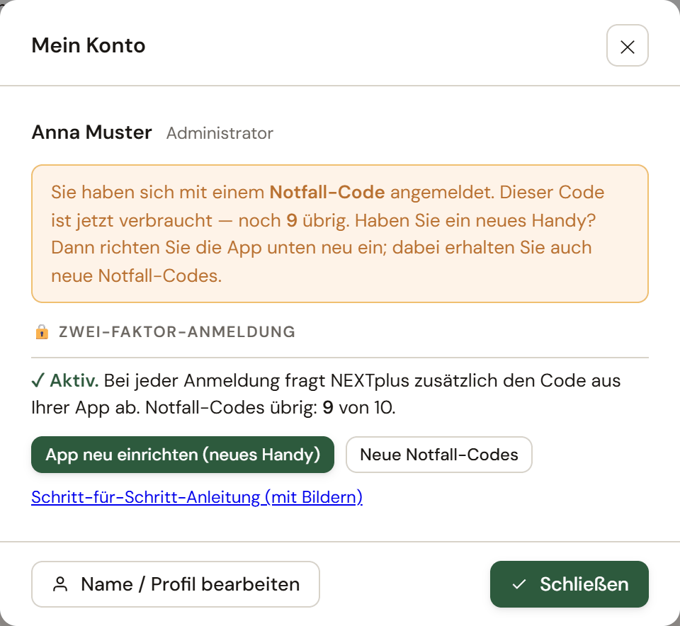 Hinweis nach der Anmeldung: Notfall-Code verbraucht, noch 9 übrig